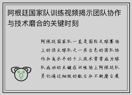 阿根廷国家队训练视频揭示团队协作与技术磨合的关键时刻