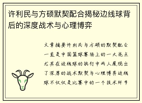 许利民与方硕默契配合揭秘边线球背后的深度战术与心理博弈
