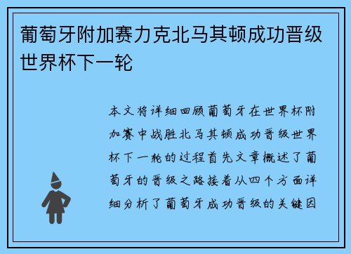 葡萄牙附加赛力克北马其顿成功晋级世界杯下一轮