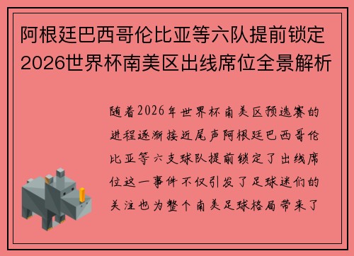 阿根廷巴西哥伦比亚等六队提前锁定2026世界杯南美区出线席位全景解析