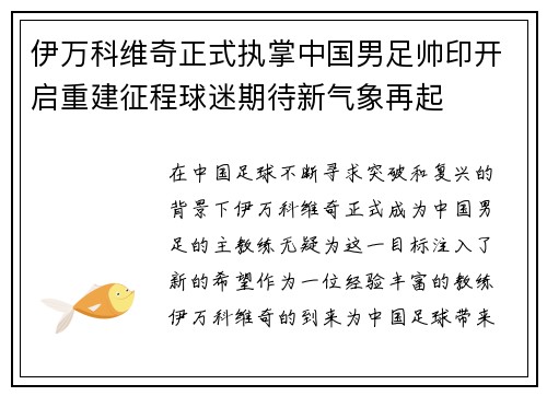 伊万科维奇正式执掌中国男足帅印开启重建征程球迷期待新气象再起